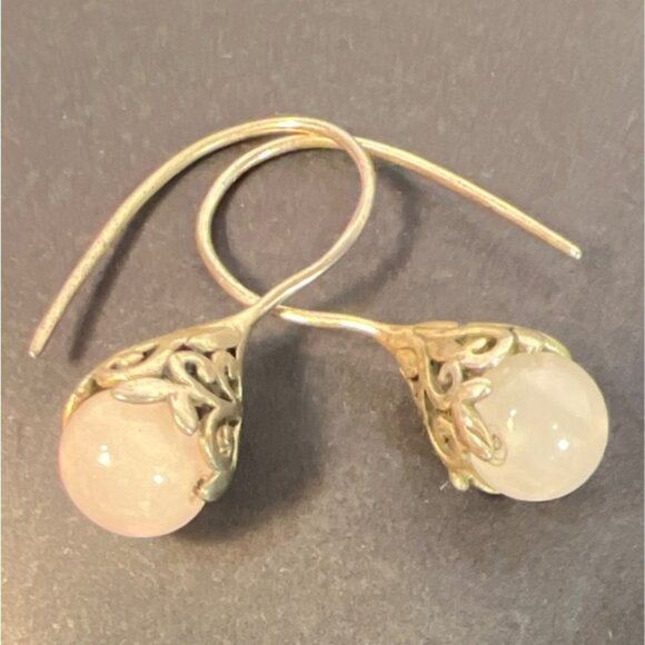 Vtg Sterling Silver Rose Quartz Drop Earrings 925 Filigree Teardrop Dangles Boho - Picture 1 of 11